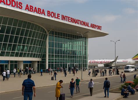 addis ababa bole international airport terminal view with ethiopian aircraft