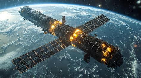 advanced military satellite orbiting Earth with digital network overlay