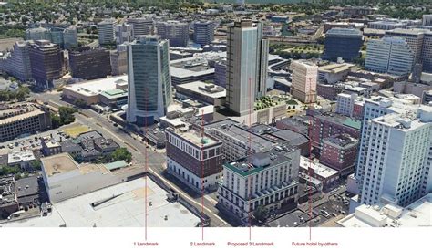 aerial drone image of Stamford city skyline with digital flight path overlay