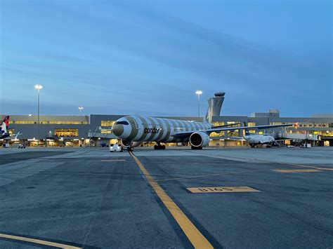 Aerial view of American Airlines terminal at SFO at sunset