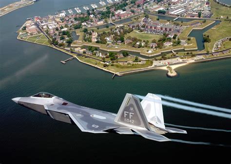 Aerial view of an F-22 Raptor squadron in formation