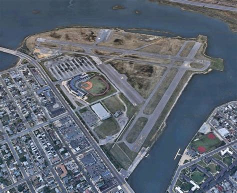 aerial view of Bader Field’s short runways and surrounding water bodies