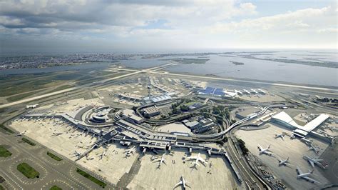 Aerial view of congested terminals at JFK and Newark airports during peak hours
