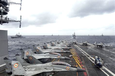 aerial view of ins vikramaditya during naval exercises in the indian ocean