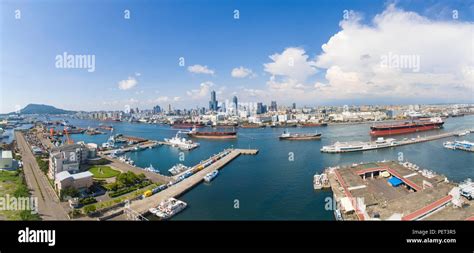 aerial view of kaohsiung harbor with united aircraft approaching