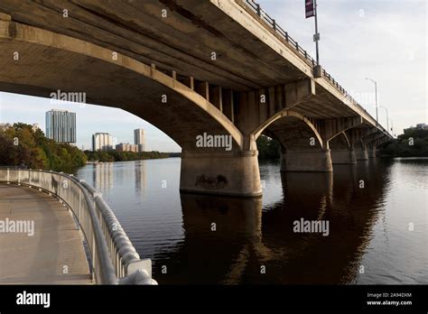 aerial view of Lady Bird Lake and Congress Avenue Bridge from helicopter