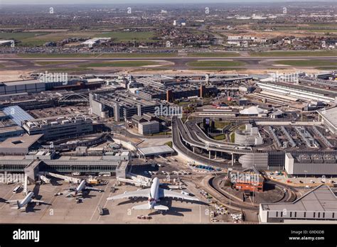 Aerial view of London Heathrow Terminal 5 with British Airways and Oneworld aircraft