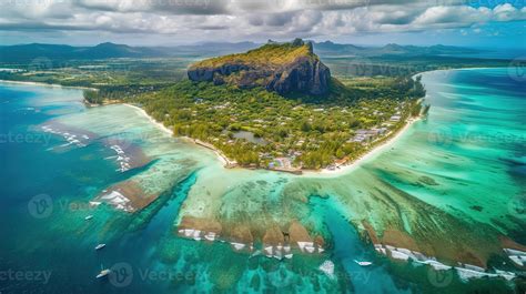 Aerial view of Mauritius coastline with high-end beachfront resorts and turquoise water