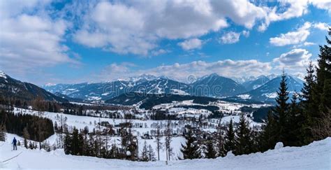 Aerial view of Schladming village surrounded by snow-covered peaks