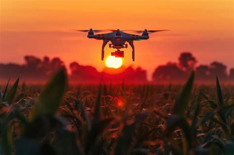 agricultural drone flying over cornfield during sunset collecting multispectral data