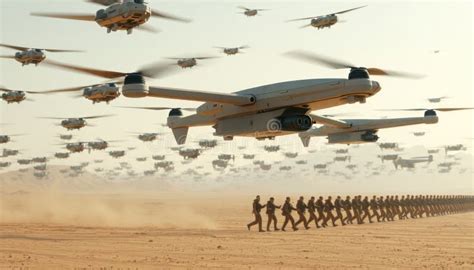 AI-controlled drone swarm in simulated desert combat zone