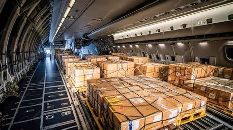 air cargo warehouse filled with e-commerce freight containers beside Boeing 777 freighter