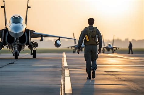 Air National Guard pilot walking toward fighter jet beside commercial airliner at sunset