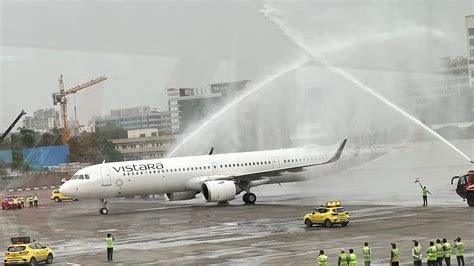 air serbia landing at shanghai pudong welcomed with water salute