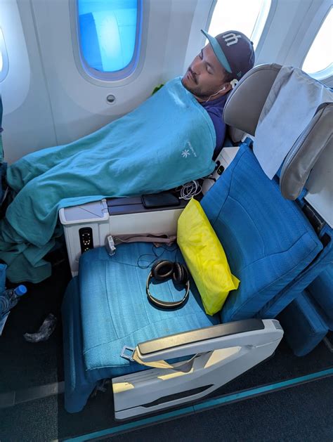 Air Tahiti Nui Boeing 787-9 premium economy cabin with Polynesian design accents