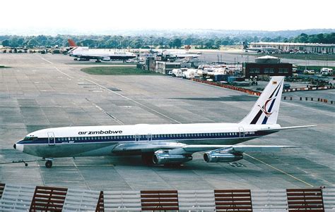 Air Zimbabwe Boeing 707 in 1980s livery departing London-Gatwick