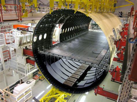 Airbus A350 composite fuselage assembly inside manufacturing facility
