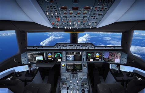 Airbus A350 flight deck with digital displays and side-stick controls in operation