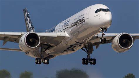Airbus A350 on final approach with landing gear and flaps deployed