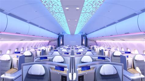 Airbus A350 wide cabin vertical sidewalls overhead bins spacious aisle