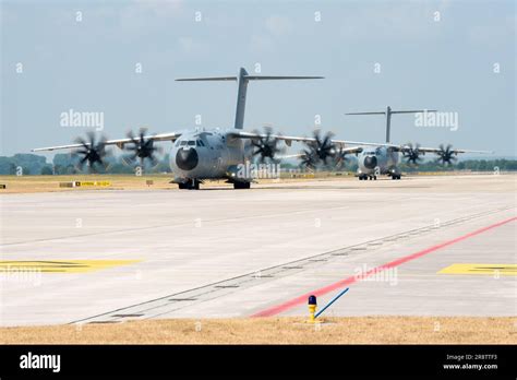 Airbus A400M Atlas military transport aircraft taxiing at Wunstorf Air Base in Germany