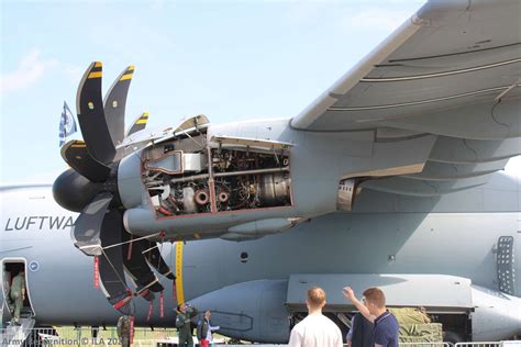 Airbus A400M Atlas military transport aircraft turboprop engines in flight