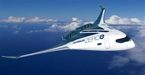 Airbus ZEROe blended-wing hydrogen aircraft concept on runway under cloudy sky