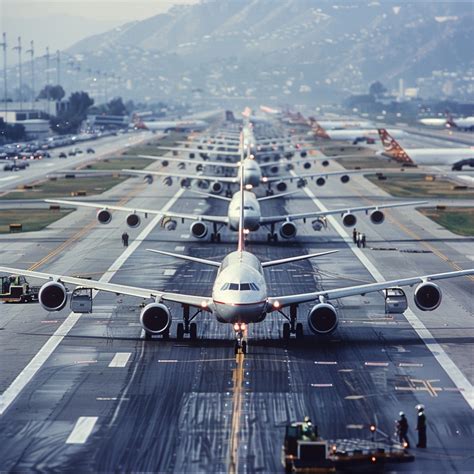 aircraft queueing on taxiway at busy US airport during runway closure
