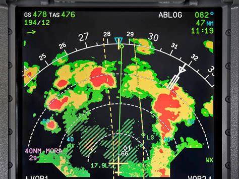 aircraft weather radar display showing storm cells during cruise flight