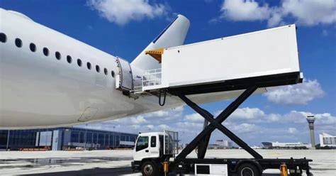 airline catering truck loading meals onto passenger jet