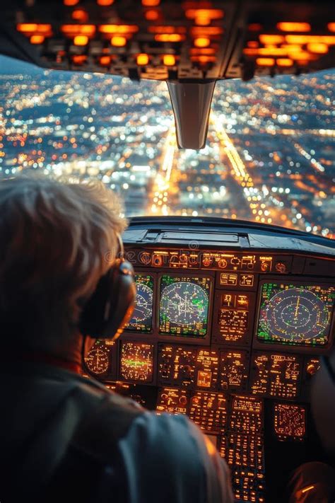airline cockpit on nighttime final approach with city lights