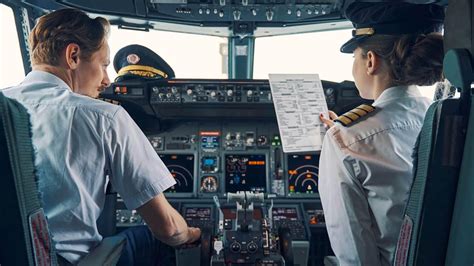 airline pilots conducting approach briefing inside cockpit
