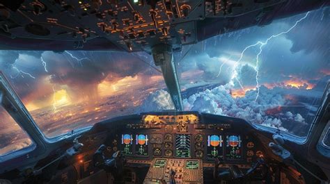 airline pilots observing storm systems from cockpit windows above cloud tops