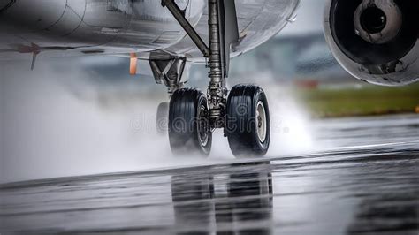 airplane landing heavy rain wet runway spray water tire contact