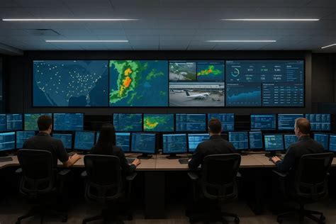 Airport operations control center monitoring delayed flights after aircraft diversion