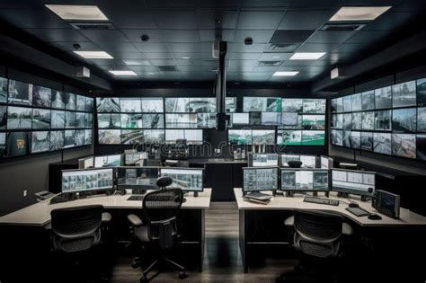 Airport security monitoring room with surveillance screens