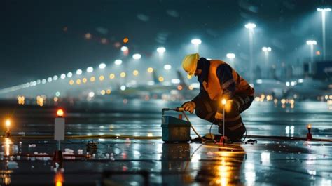 airport technicians repairing runway light systems at night following outage