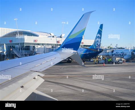Alaska Airlines aircraft lineup at Seattle Tacoma International Airport