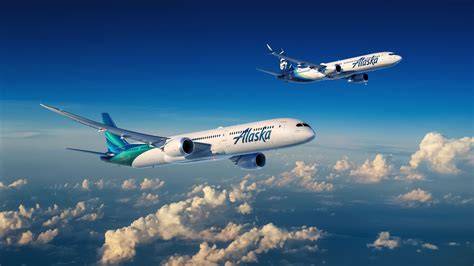 Alaska Airlines Seattle-Tacoma hub with company Boeing narrowbody and 787 widebody jets