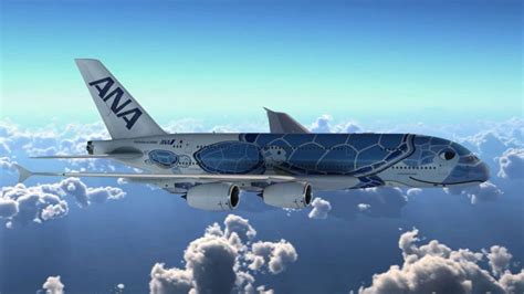 All Nippon Airways A380 sea turtle livery flying over ocean