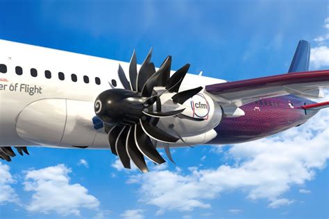 artist rendering of CFM RISE open-fan engine mounted on narrowbody aircraft wing