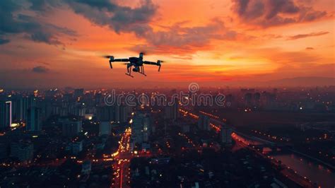 autel evo nano+ drone flying over city skyline at sunset
