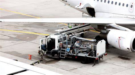 aviation fuel truck refuelling passenger aircraft on airport apron