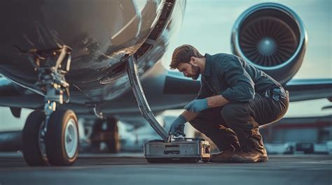 aviation technician inspecting spark plugs in hangar maintenance setting