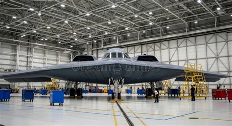 B-2 Spirit maintenance crew applying stealth coating in hangar