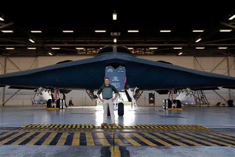 B-2 Spirit stealth bomber parked inside Whiteman Air Force Base shelter