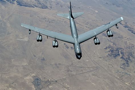 B-52 bomber formation flight over Pacific Ocean during military exercise