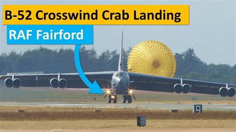 B-52 performing crab landing with tilted main gear and wingtip wheels engaged