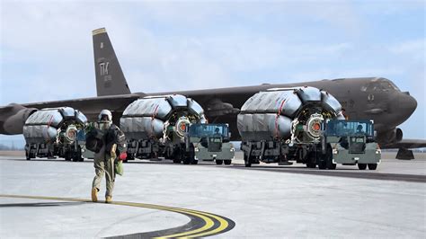 B-52 Stratofortress releasing cruise missiles during long-range strike drill