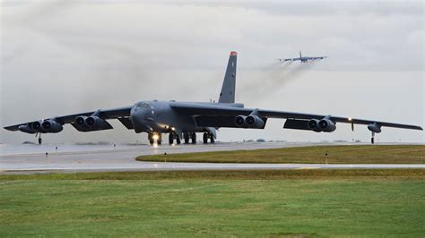 B-52H Stratofortress bomber taking off from Barksdale Air Force Base runway